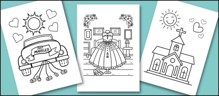 Three wedding-themed coloring pages on a blue background