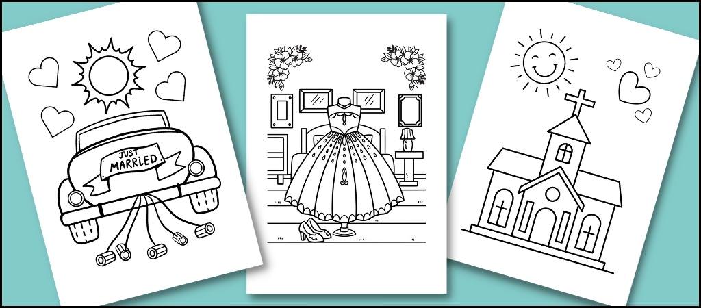 Three wedding-themed coloring pages on a blue background