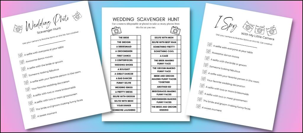 Three different wedding photo scavenger hunt printable cards on a colorful background