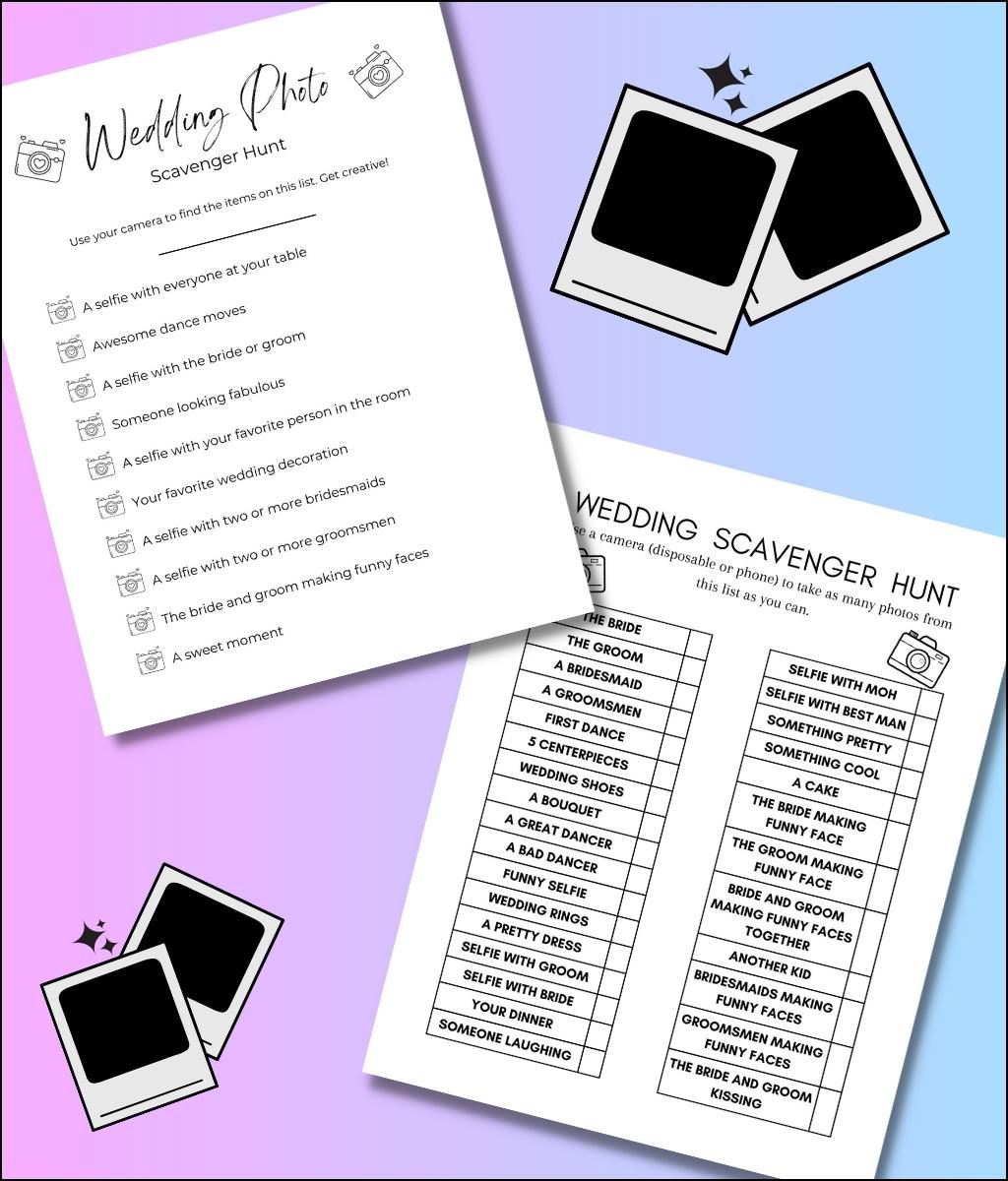 Two wedding photo scavenger hunt game cards on a pink and blue background