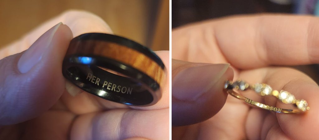 Engagement ring engraving that says His Person on one ring and Her Person on the other ring. This is for the article called wedding ring engraving ideas.