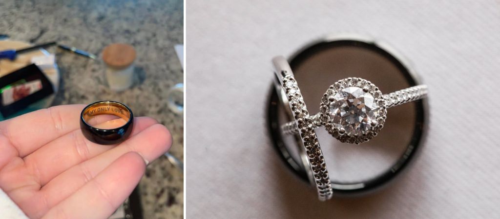 A wedding ring set sitting on a table