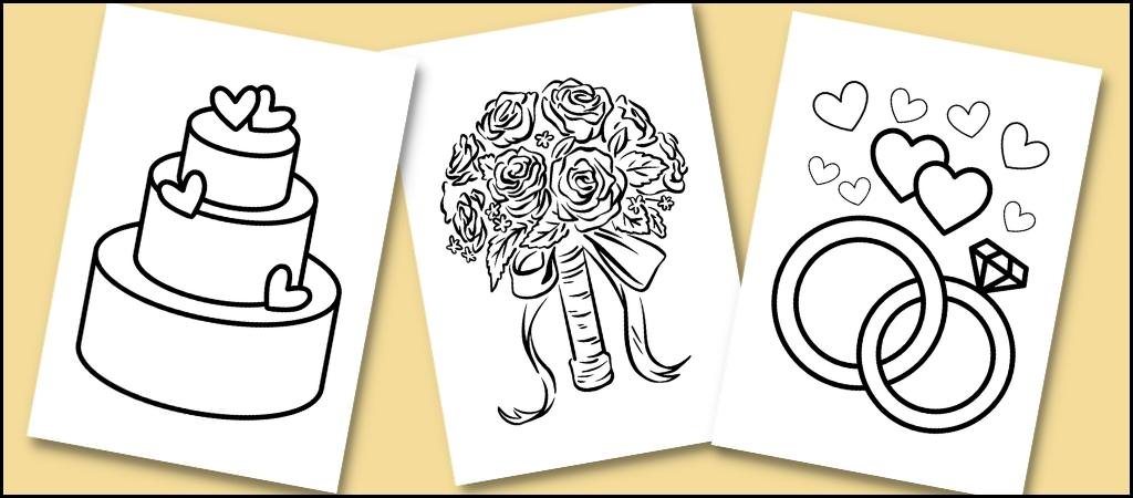 Three wedding coloring pages. One is a wedding cake, one is a bridal bouquet, and the third is two wedding rings with hearts.