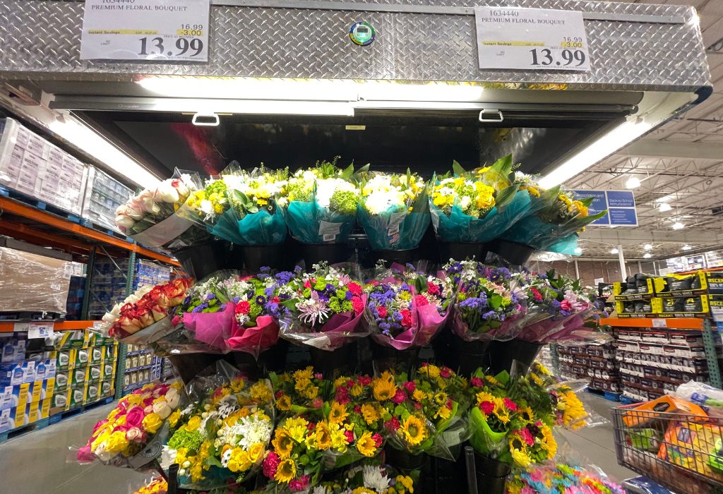 A bunch of wedding bouquets at Costco