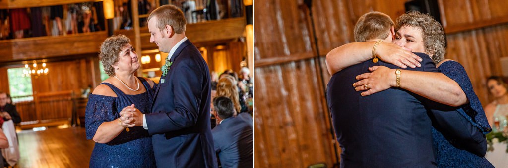 A mom proudly looking at her son as they dance together at the groom's wedding. This is for the article called mother-son wedding dance photos