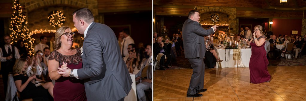 A mother and son dancing to a fun upbeat song as the groom's wedding reception