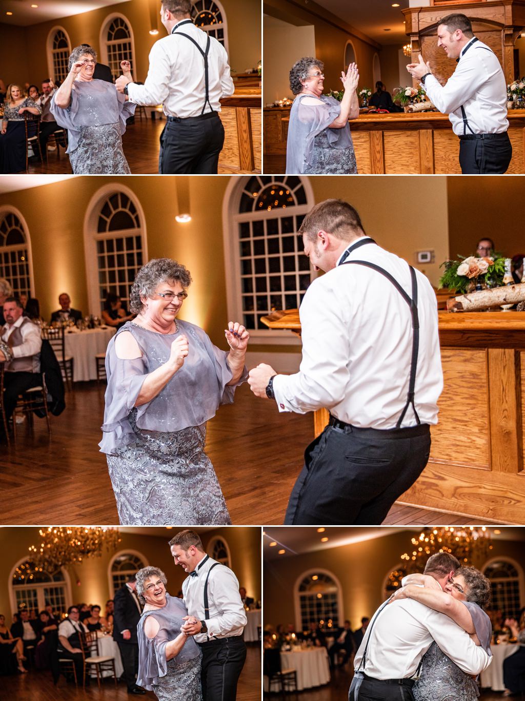 A mother and son doing a funny dance together. They are doing the chicken dance. This is for the article called mother-son wedding dance photos