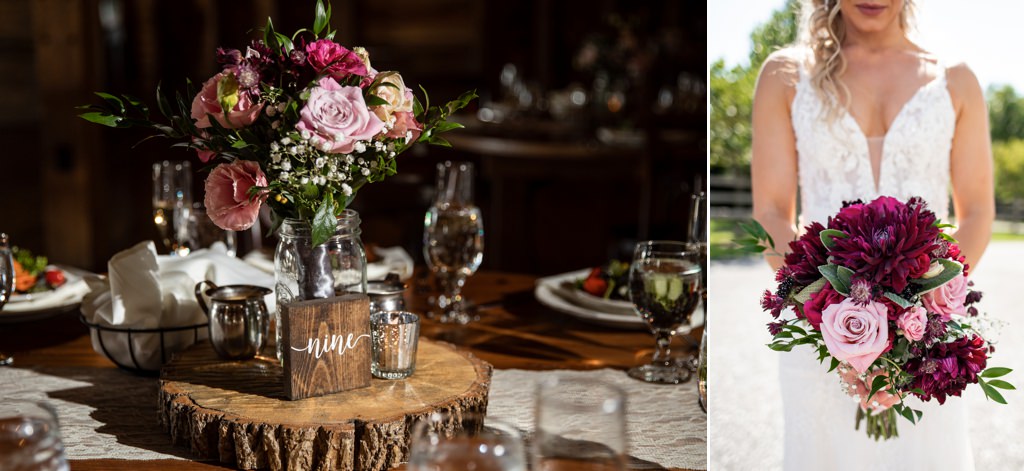 A bride holding her bouquet and a wedding reception centerpiece with pink and purple flowers