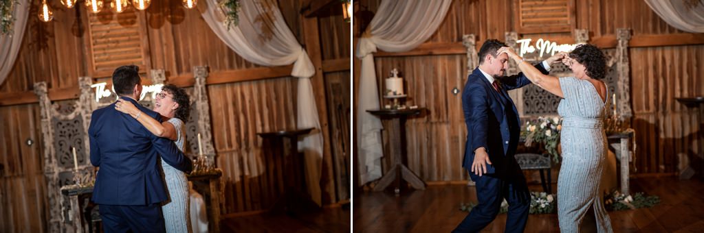 A mother her son doing a fun wedding dance at the reception.