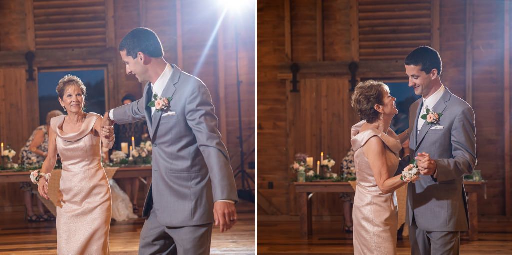 A mom having fun with her son as they do a mother-son dance together at a wedding