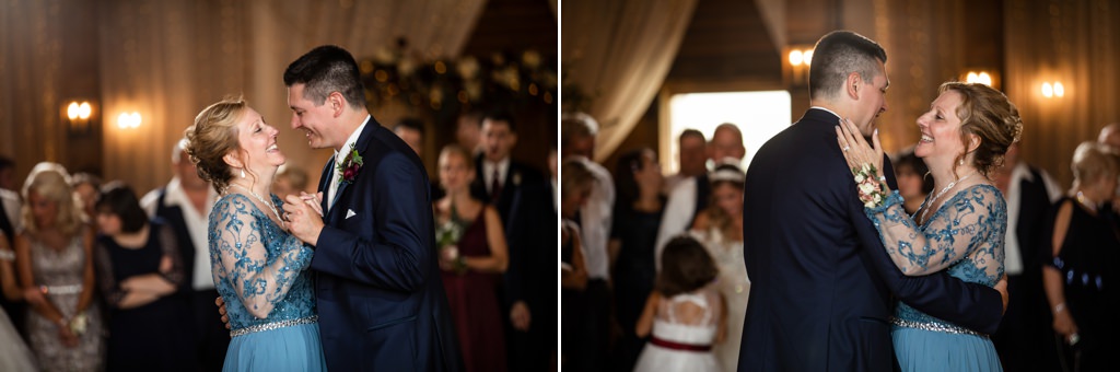 A photo collage of a mother and son dancing together at a wedding reception