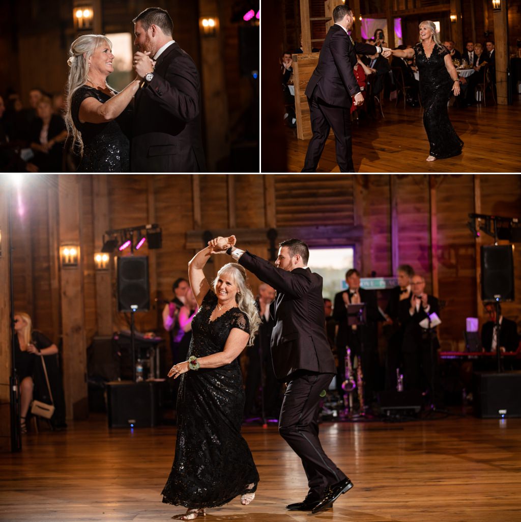 A mother and her son having a fun dance to an upbeat song at a wedding reception