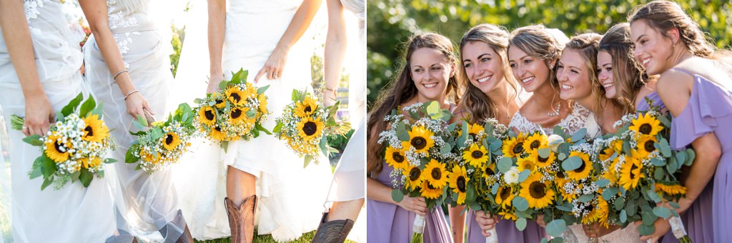 bridal bouquet and bridesmaid bouquets made with sunflowers