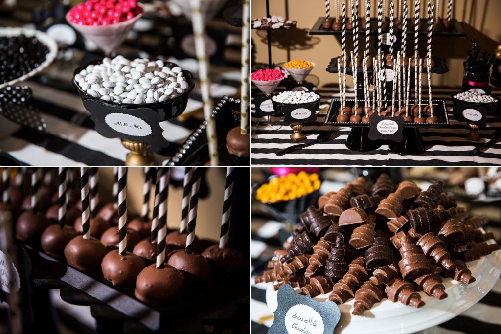 A black and white striped Kate Spade inspired wedding dessert table