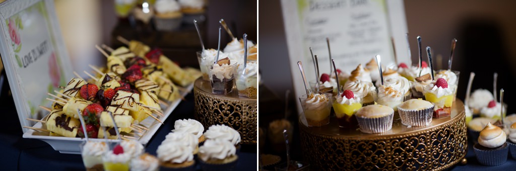 A wedding dessert table that featured cupcakes and fruit
