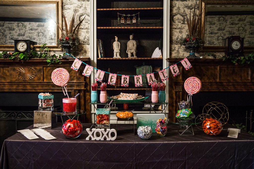 A candy bar setup at a wedding reception