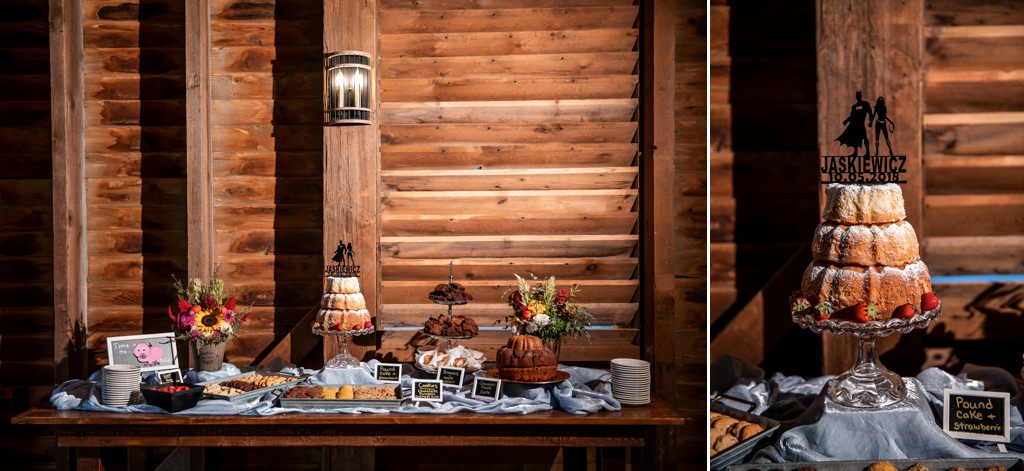 A wedding dessert table with pound cake, cookies, and brownies