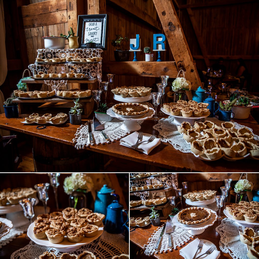 Wedding dessert table display with a bunch of pies and mini pies