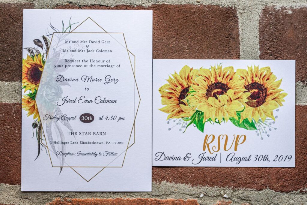 A diy wedding invitation with sunflowers on it