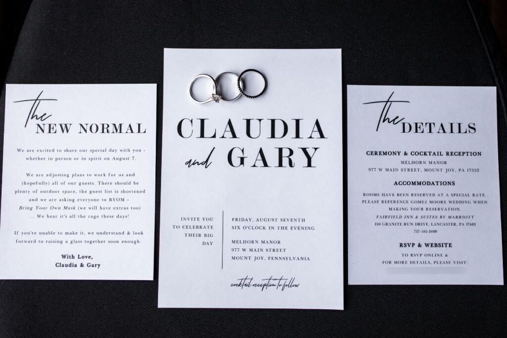 A simple wedding invitation design in black and white. This is for the article called how to save money on wedding invitations.