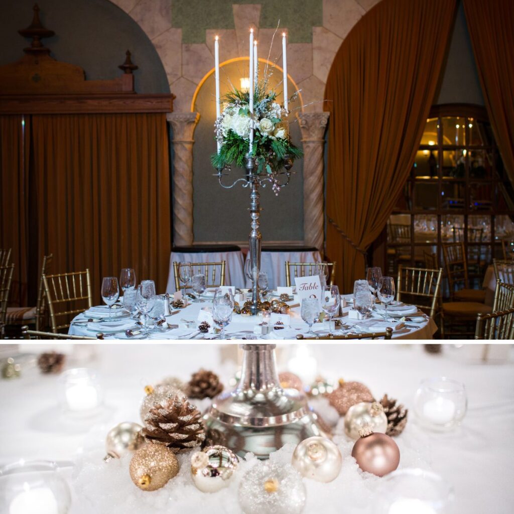 Tall wedding centerpieces with Christmas ornaments around the bottom