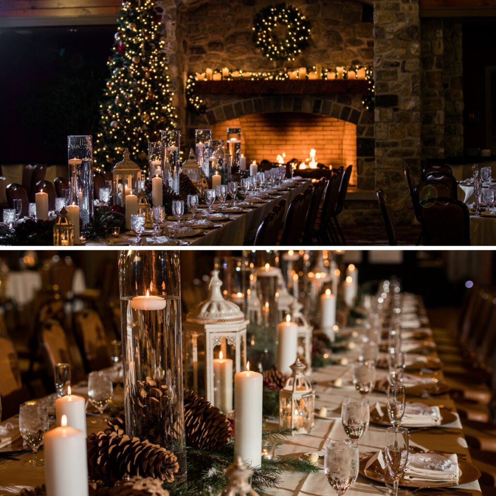 A wedding reception decorated for Christmas with lots of candles used for centerpieces