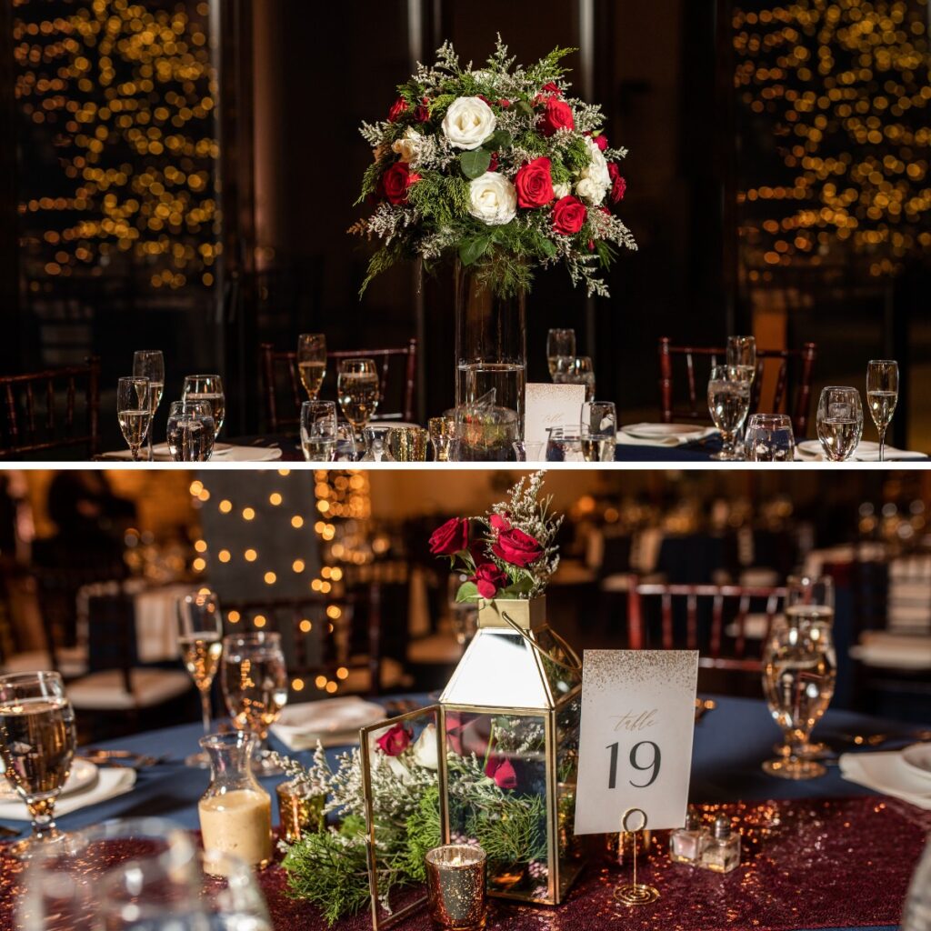 Red, white, and green floral displays at a Christmas-themed wedding reception