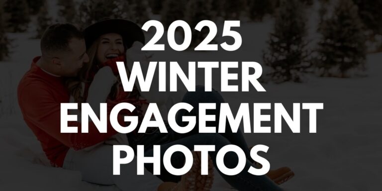 The cover photos for the blog post called 2025 winter engagement photos outfits and accessories. This photo has a faded photo of the couple in the snow and the text with the blog title.