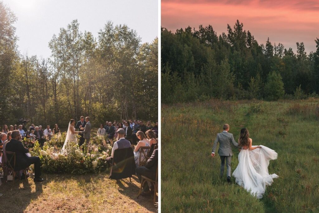 A backyard wedding ceremony in a big field and the bride and groom walking in the grass