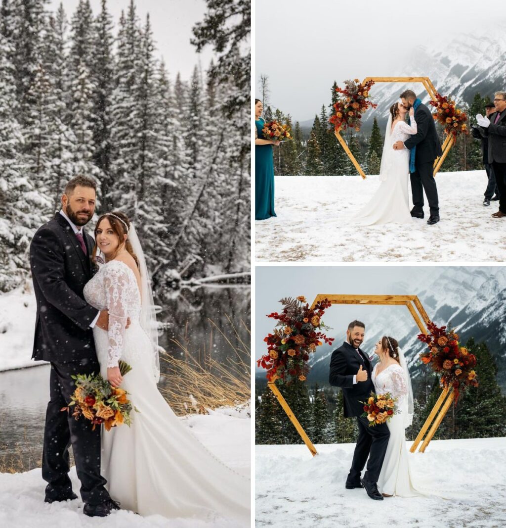 A wedding ceremony taking place outdoors in the middle of winter. There is snow on the ground and in the trees.