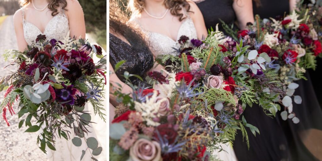 A bridal bouquet and bridesmaids bouquets with a Christmas theme.