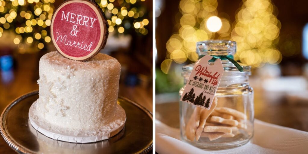 A Christmas wedding cake and a wedding favor that is a jar of sugar cookies