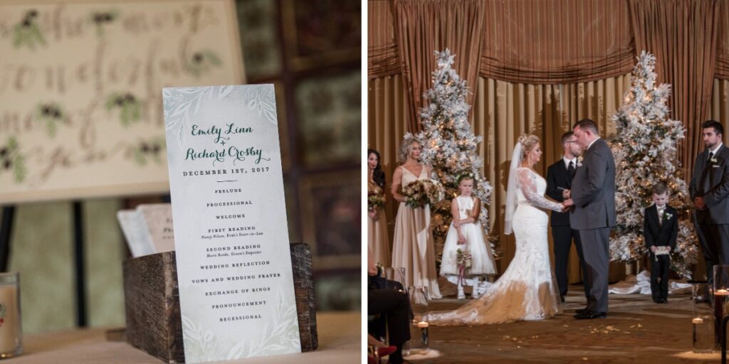 A wedding ceremony that has Christmas trees as the backdrop