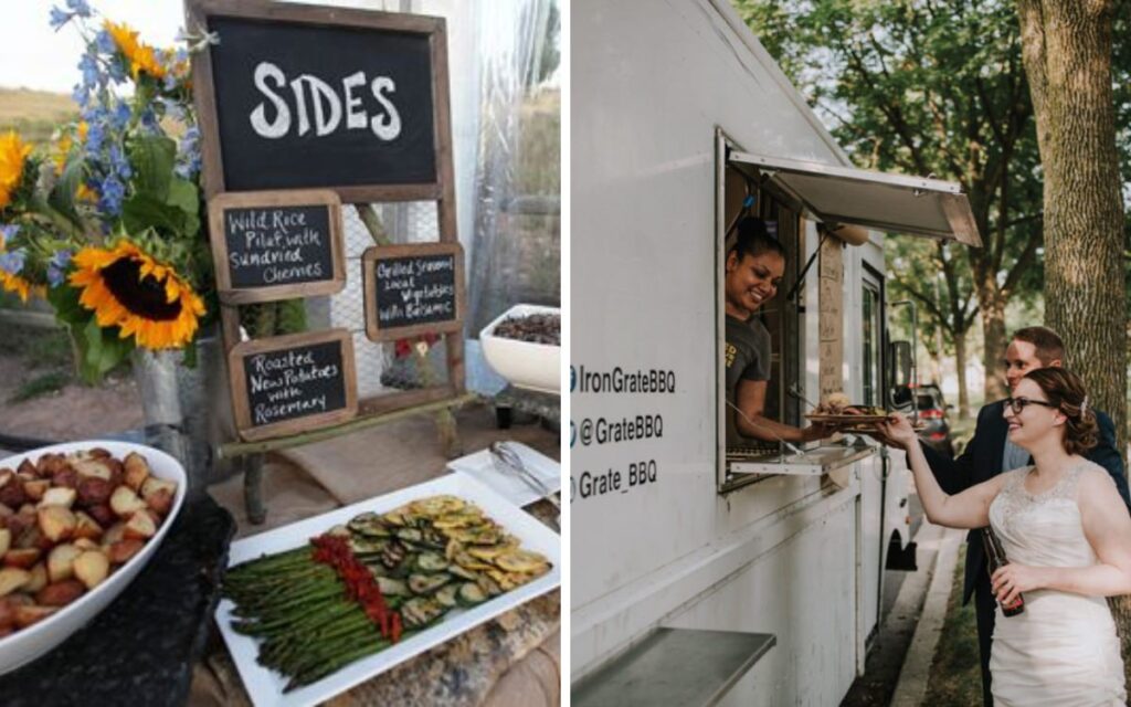 A bride and groom ordering food from a food truck at their wedding