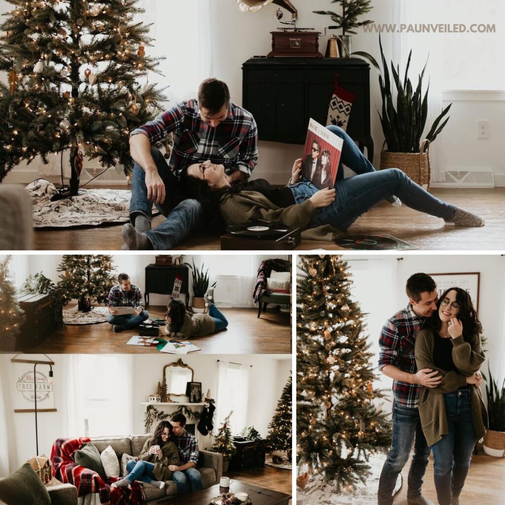 A couple taking Christmas engagement photos inside. This shows them dancing next to a Christmas tree and listening to music