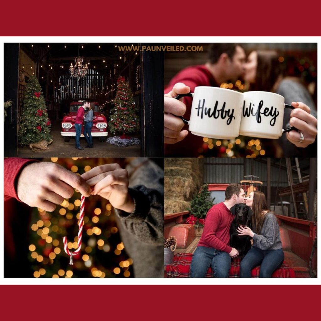 A photo collage of a couple taking Christmas engagement photos in a red truck with Christmas decor around them