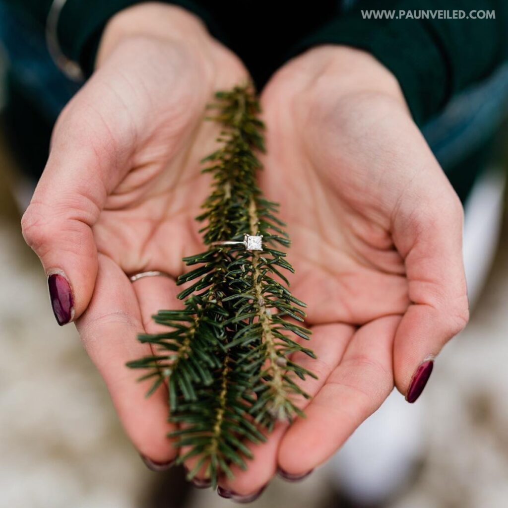 A bride-to-be holding up her engagement ring with a piece of pine tree branch
