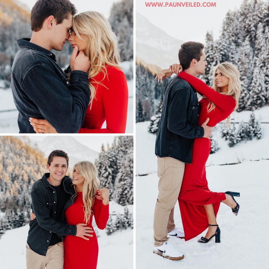 A couple posing outdoors in the snow. The girl is wearing a long red dress.