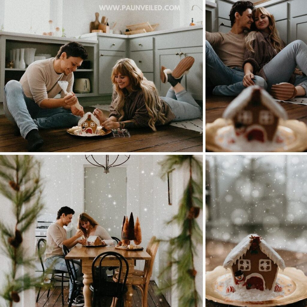 A couple making a gingerbread house together. This is for the article called Christmas engagement photos.
