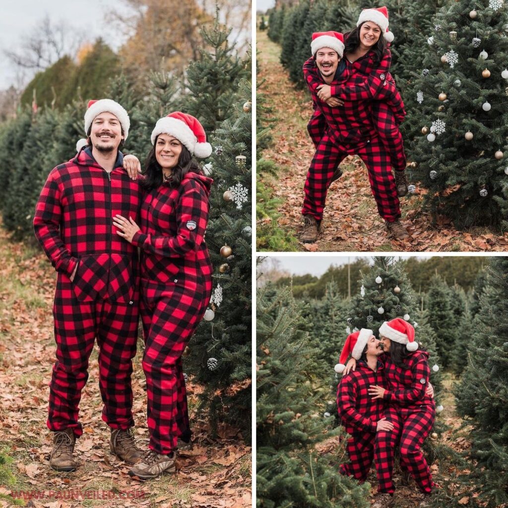 A couple with Christmas plaid on posing outdoors in a Christmas tree farm