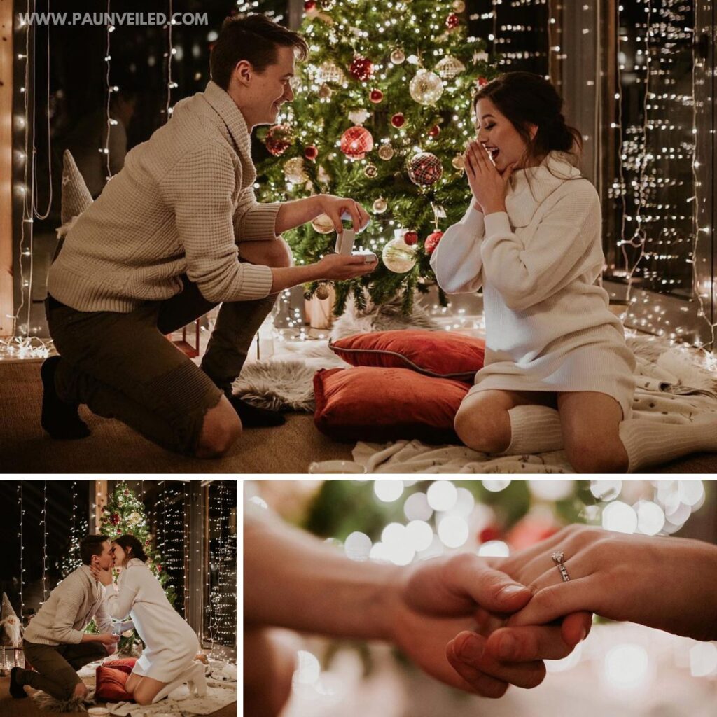 a couple reenacting their proposal/engagement inside near the decorated Christmas tree.