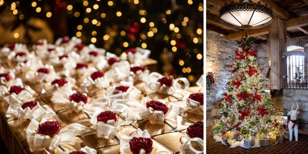 A wedding Christmas tree and favors wrapped in little present boxes