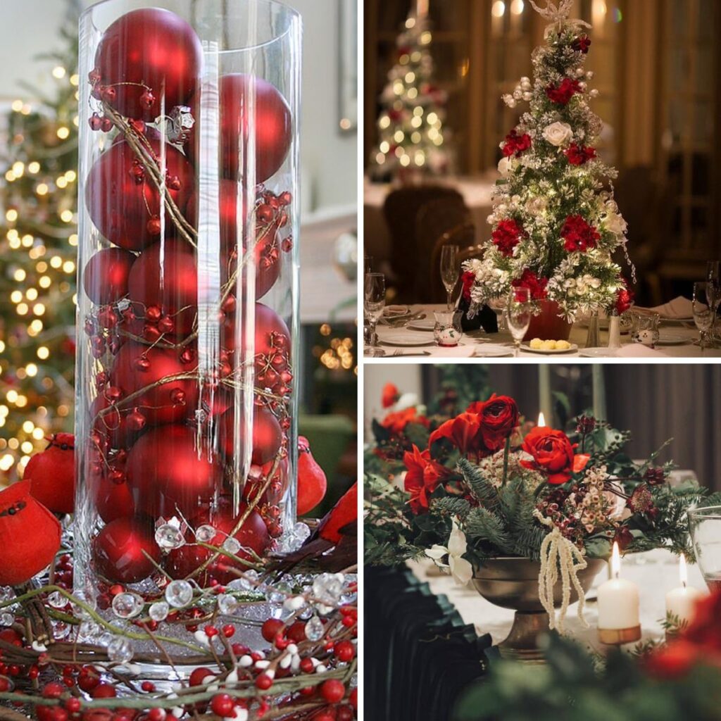 A collage of photos that features beautiful and creative Christmas wedding centerpieces