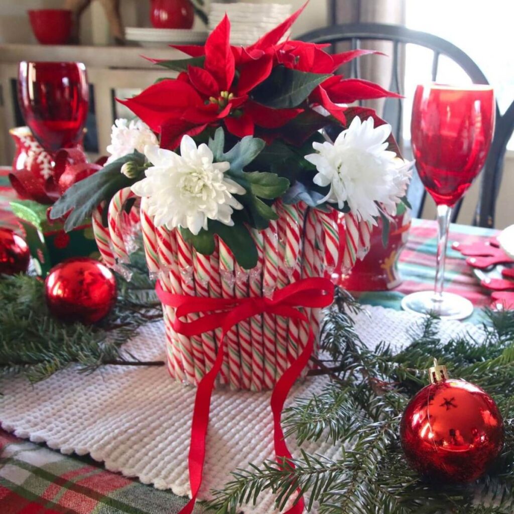 Candycane Christmas wedding centerpieces with flowers