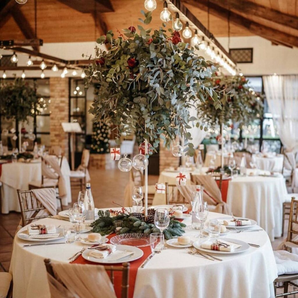 A beautiful Christmas centerpiece at a wedding reception
