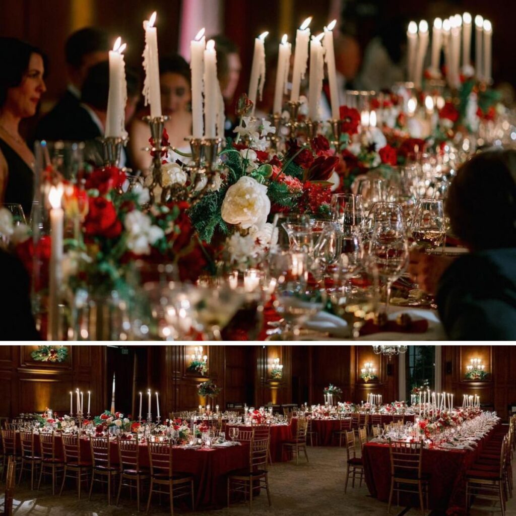 Beautiful candles and centerpieces at this Christmas-themed wedding reception