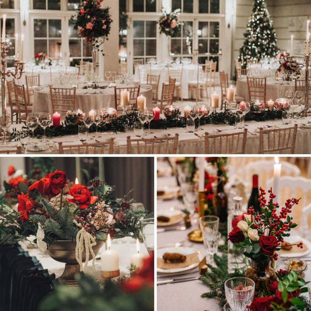 A collage of photos that show some Christmas inspired wedding centerpieces