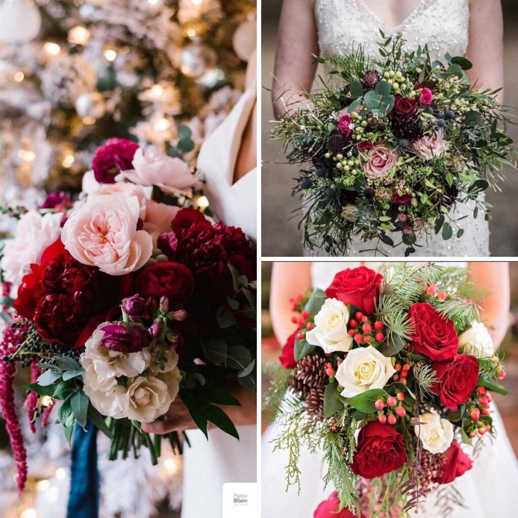 Beautiful wedding florals with a Christmas-theme.