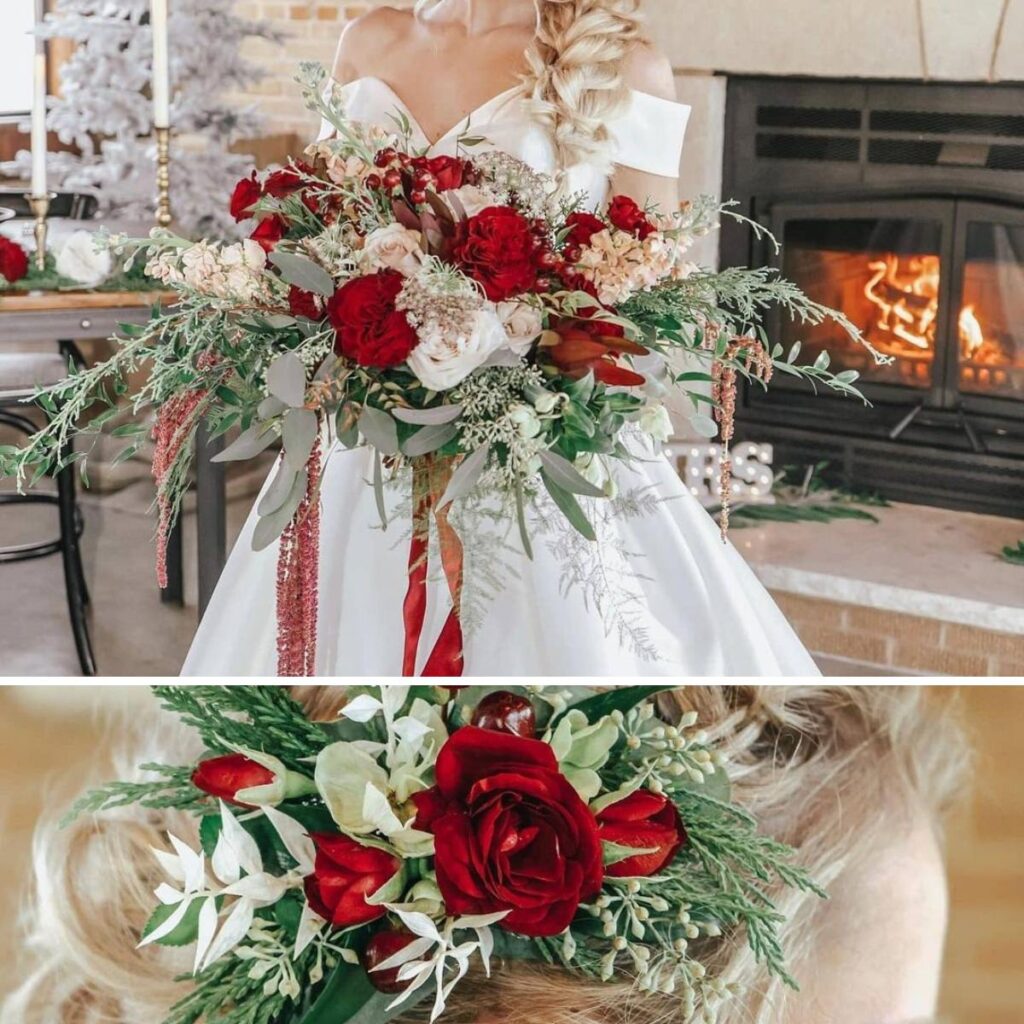 A big wedding bouquet with a Christmas theme and a matching floral hairpiece.