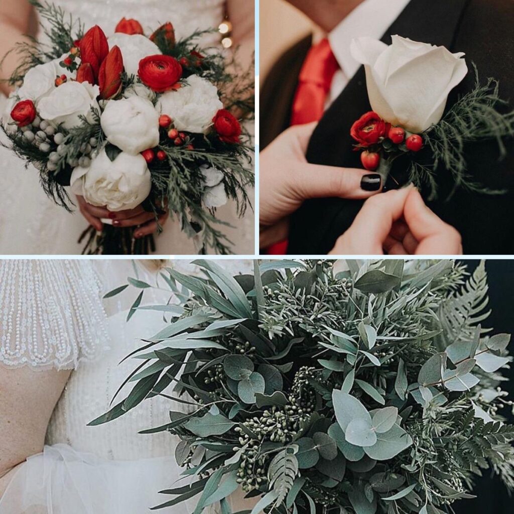 Christmas wedding flowers with red, white, and green florals.